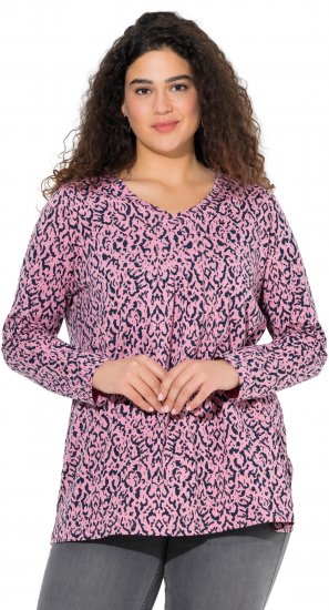 Ulla Popken Geometric Print 3/4 Sleeve Pleated Tee Raspberry - Koszulki z nadrukiem dla kobiet - 