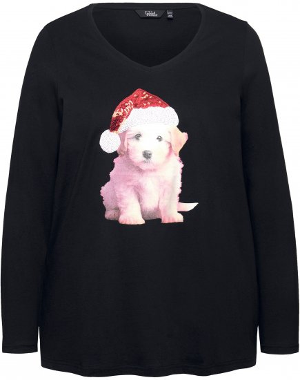 Ulla Popken Puppy Graphic Christmas Long Sleeve T-Shirt Black - T-shirty - 