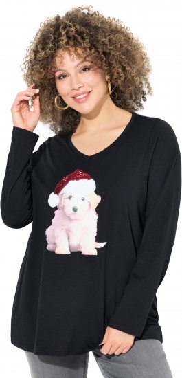 Ulla Popken Puppy Graphic Christmas Long Sleeve T-Shirt Black - T-shirty - 