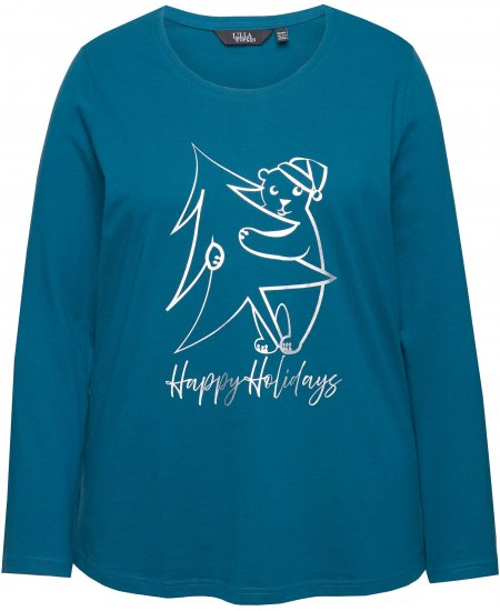 Ulla Popken Metallic Graphic Holiday Tee Teal - Koszulki z nadrukiem dla kobiet - 