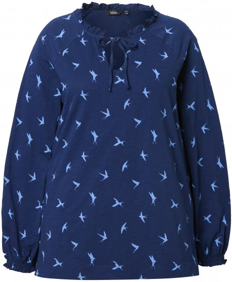 Ulla Popken Swallow Print Long Sleeve Tee Ink Blue - Koszulki z nadrukiem dla kobiet - 