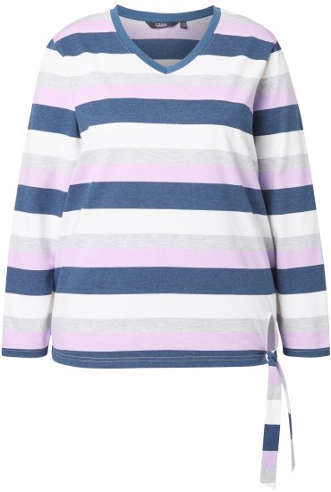 Ulla Popken Striped Knotted Hem Long Sleeve Tee Lavender - Koszulki z nadrukiem dla kobiet - 
