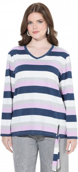 Ulla Popken Striped Knotted Hem Long Sleeve Tee Lavender - Koszulki z nadrukiem dla kobiet - 
