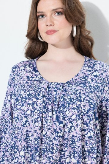 Ulla Popken Allover Printed Pleated Long Sleeve Tee Dark Blue - Koszulki z nadrukiem dla kobiet - T-shirty z nadrukiem dla kobiet