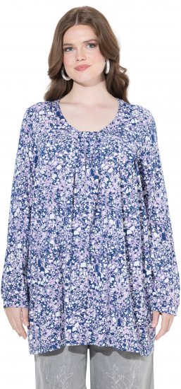 Ulla Popken Allover Printed Pleated Long Sleeve Tee Dark Blue - Koszulki z nadrukiem dla kobiet - 