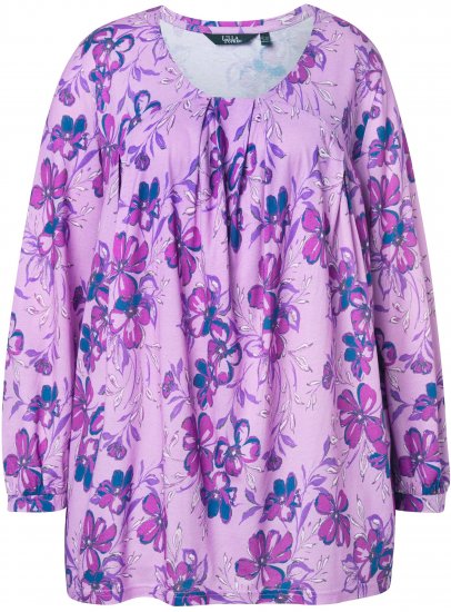 Ulla Popken Allover Printed Pleated Long Sleeve Tee Lavender - Koszulki z nadrukiem dla kobiet - 