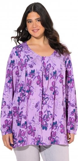 Ulla Popken Allover Printed Pleated Long Sleeve Tee Lavender - Koszulki z nadrukiem dla kobiet - 