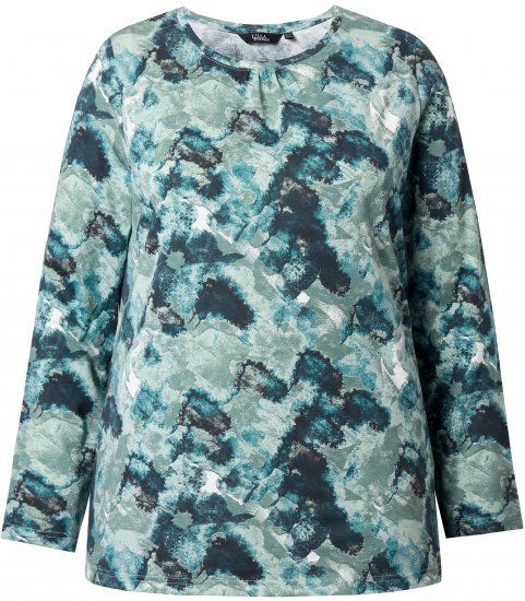 Ulla Popken Abstract Print Long Sleeve Tee Teal Green - Koszulki z nadrukiem dla kobiet - 