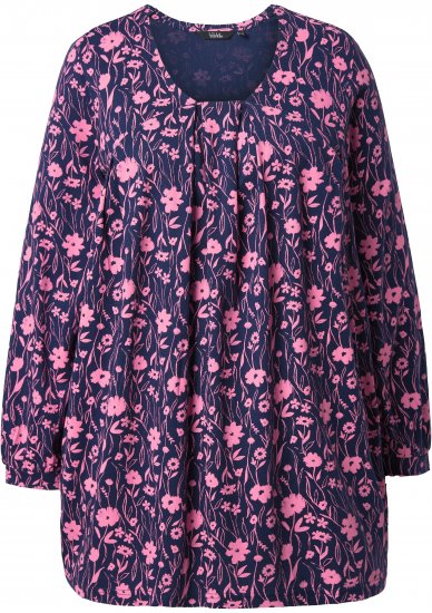 Ulla Popken Pleated Long Sleeve Floral Knit Tunic Ink Blue - Koszulki z nadrukiem dla kobiet - 