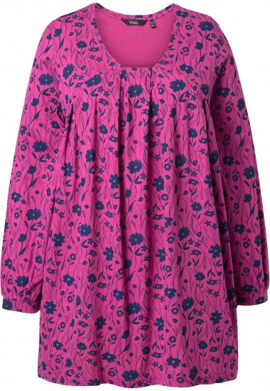 Ulla Popken Pleated Long Sleeve Floral Knit Tunic Summer Berry - Koszulki z nadrukiem dla kobiet - 