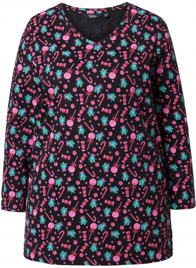 Ulla Popken Peppermint Tree V-Neck Holiday Cotton Long Sleeve Knit Tunic Black - Koszulki z nadrukiem dla kobiet - 