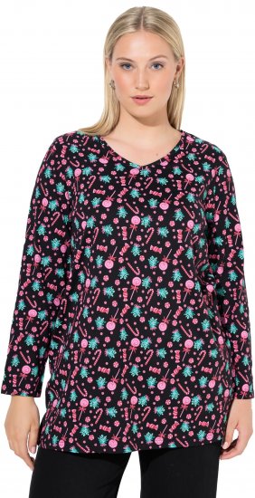 Ulla Popken Peppermint Tree V-Neck Holiday Cotton Long Sleeve Knit Tunic Black - Koszulki z nadrukiem dla kobiet - 