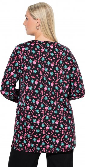 Ulla Popken Peppermint Tree V-Neck Holiday Cotton Long Sleeve Knit Tunic Black - Koszulki z nadrukiem dla kobiet - 