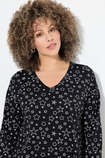 Ulla Popken Allover Printed Long Sleeve Tee Black - Koszulki z nadrukiem dla kobiet - T-shirty z nadrukiem dla kobiet