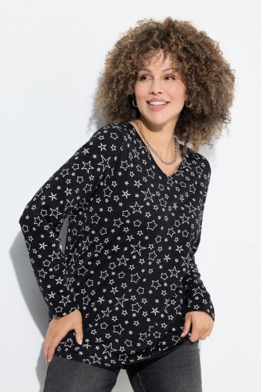 Ulla Popken Allover Printed Long Sleeve Tee Black - Koszulki z nadrukiem dla kobiet - T-shirty z nadrukiem dla kobiet