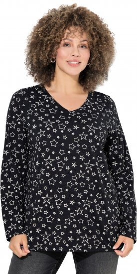 Ulla Popken Allover Printed Long Sleeve Tee Black - Koszulki z nadrukiem dla kobiet - 