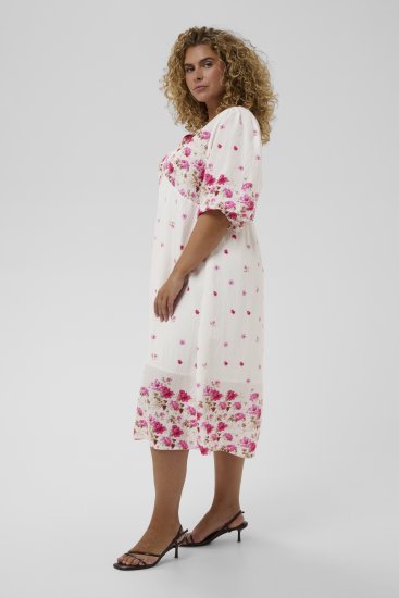 Kaffe Curve Rosa Midi Dress White Rose Border Flower - Sukienki - 