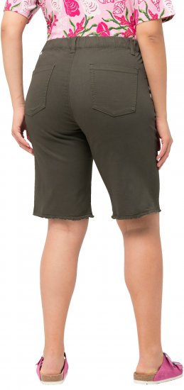 Ulla Popken Frayed Hemline Elastic Waistband Bermuda Shorts Loden Green - Jeansy & Spodnie w Dużych Rozmiarach – Plus Size - 