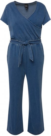 Ulla Popken Wrap Look Short Sleeve Denim Jumpsuit Blue - Jeansy & Spodnie w Dużych Rozmiarach – Plus Size - 