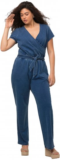 Ulla Popken Wrap Look Short Sleeve Denim Jumpsuit Blue - Jeansy & Spodnie w Dużych Rozmiarach – Plus Size - 