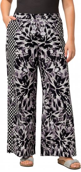 Ulla Popken Checkered Floral Elastic Waist Palazzo Paints Black - Jeansy & Spodnie w Dużych Rozmiarach – Plus Size - 