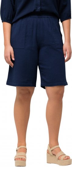 Ulla Popken Muslin Elastic Waist Wide Leg Shorts Blue - Jeansy & Spodnie w Dużych Rozmiarach – Plus Size - 