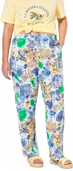 Ulla Popken Italy Print Elastic Waist Pants White - Jeansy & Spodnie w Dużych Rozmiarach – Plus Size - 