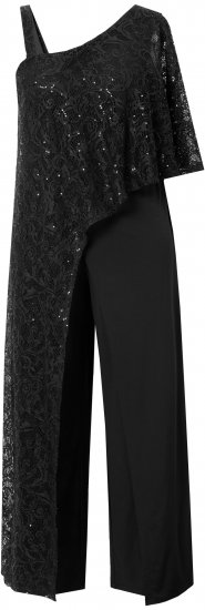 Ulla Popken Asymmetric Lace Panel Jumpsuit Black - Jeansy & Spodnie w Dużych Rozmiarach – Plus Size - 