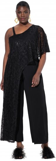 Ulla Popken Asymmetric Lace Panel Jumpsuit Black - Jeansy & Spodnie w Dużych Rozmiarach – Plus Size - 