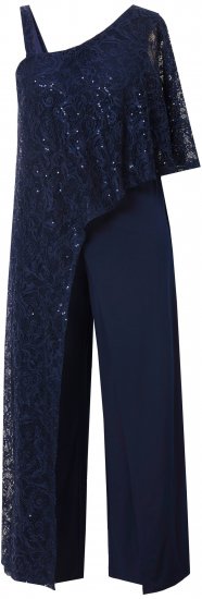 Ulla Popken Asymmetric Lace Panel Jumpsuit Navy - Jeansy & Spodnie w Dużych Rozmiarach – Plus Size - 