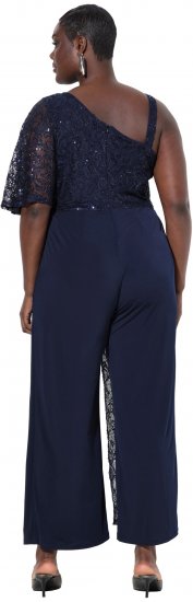 Ulla Popken Asymmetric Lace Panel Jumpsuit Navy - Jeansy & Spodnie w Dużych Rozmiarach – Plus Size - 