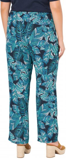 Ulla Popken Tropical Leaf Print Elastic Waist Pants Blue - Jeansy & Spodnie w Dużych Rozmiarach – Plus Size - 