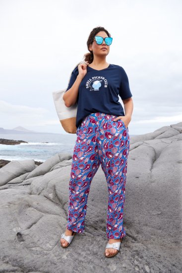 Ulla Popken Seashell Print Elastic Waist Pants Blue - Jeansy & Spodnie w Dużych Rozmiarach – Plus Size - 