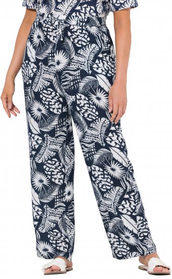 Ulla Popken Feather Print Elastic Waist Pants Blue - Jeansy & Spodnie w Dużych Rozmiarach – Plus Size - 