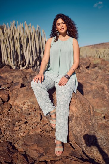 Ulla Popken Mosaic Print Elastic Waist Pants White - Jeansy & Spodnie w Dużych Rozmiarach – Plus Size - 
