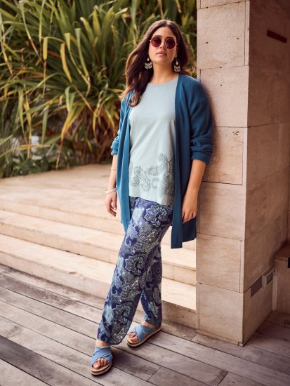 Ulla Popken Patchwork Paisley Elastic Waist Pants Blue - Jeansy & Spodnie w Dużych Rozmiarach – Plus Size - 