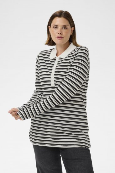 Kaffe Curve Miana Long Sleeve Polo Chalk with Black Stripe - Koszulki polo - 