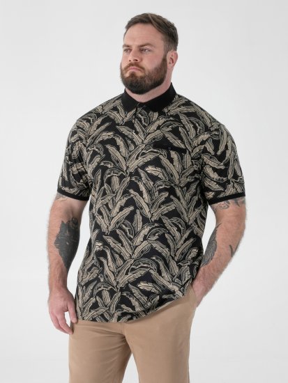D555 Palmer Leaf Printed Jacquard Collar & Cuff Chest Pocket Polo Black - Koszulki polo - Koszulki Polo 2XL-8XL