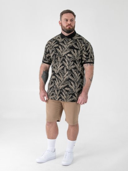 D555 Palmer Leaf Printed Jacquard Collar & Cuff Chest Pocket Polo Black - Koszulki polo - Koszulki Polo 2XL-8XL