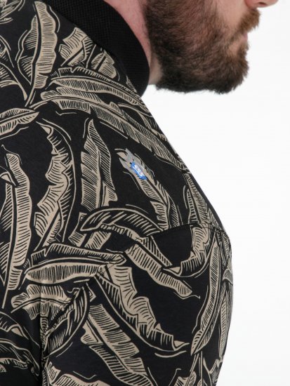 D555 Palmer Leaf Printed Jacquard Collar & Cuff Chest Pocket Polo Black - Koszulki polo - Koszulki Polo 2XL-8XL