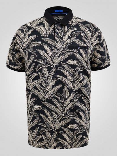 D555 Palmer Leaf Printed Jacquard Collar & Cuff Chest Pocket Polo Black - Koszulki polo - Koszulki Polo 2XL-8XL