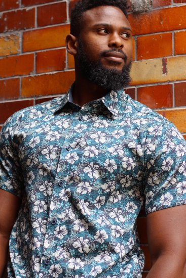 Kam Jeans 6061 Hibiscus Floral Print Short Sleeve Shirt Midnight Blue - Koszule - Koszule 2XL-10XL