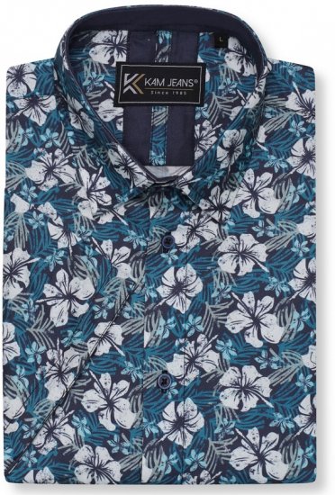 Kam Jeans 6061 Hibiscus Floral Print Short Sleeve Shirt Midnight Blue - Koszule - Koszule 2XL-10XL