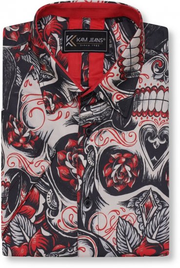Kam Jeans 6062 Skull And Roses Print Short Sleeve Shirt Black - Koszule - Koszule 2XL-10XL