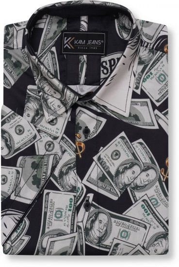 Kam Jeans 6064 Dollar Bills Print Short Sleeve Shirt Black - Koszule - Koszule 2XL-10XL