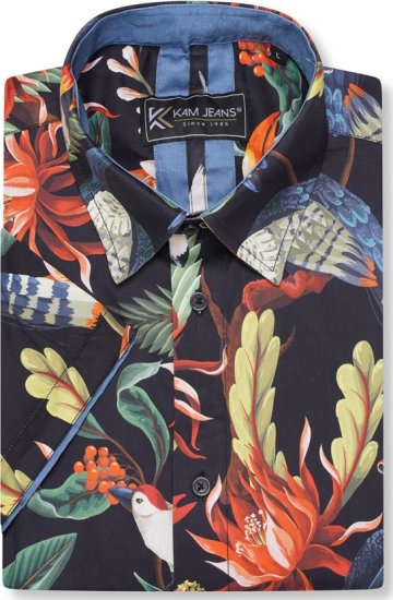 Kam Jeans 6066 Bird Print Short Sleeve Shirt Navy - Koszule - Koszule 2XL-10XL
