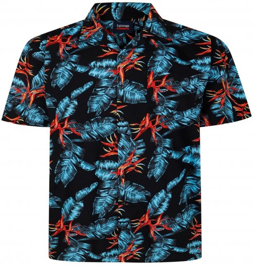 Espionage SH435 All Over Leaf Print Short Sleeve Shirt Black - Koszulki z krótkim rękawem - Męskie koszule z krótkim rękawem