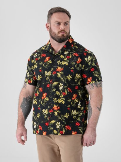 D555 Gordon Hawaiian AOP Cuvan Collar Resort Short Sleeve Black - Koszule - Koszule 2XL-10XL
