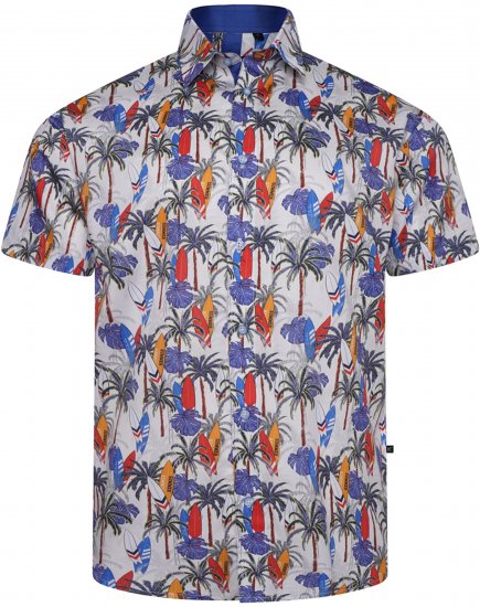 Kam Jeans 6060 Palm Tree and Surf Boards Short Sleeve Shirt White - Koszule - Koszule 2XL-10XL