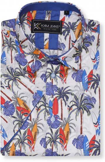 Kam Jeans 6060 Palm Tree and Surf Boards Short Sleeve Shirt White - Koszule - Koszule 2XL-10XL